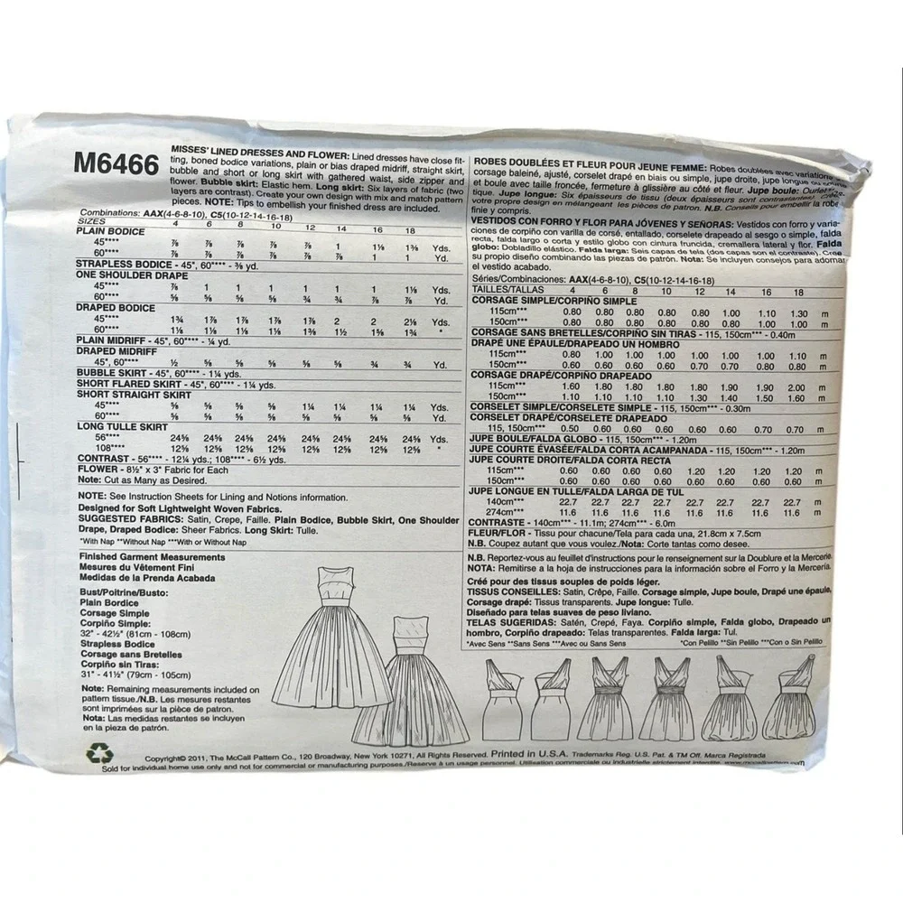 McCall's M6466 Dress Pattern Misses Size 4-10 Multi-Color Formal Retro Uncut